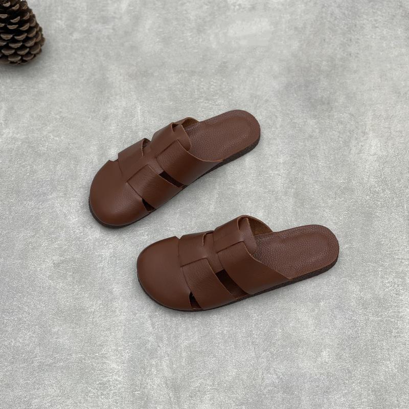 Johnature Retro Genuine Leather Flat Slippers Leisure Versatile Round Toe Soft Sole Women Outdoor Slides