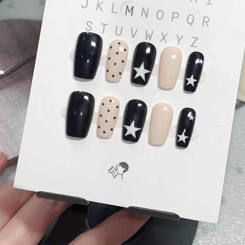 Detachable Milky White Manicure: Black & White Stars Short Soft Nail Stickers