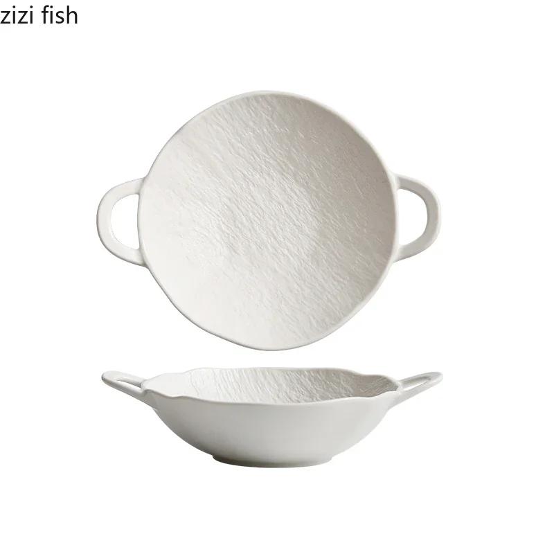 Solid Color Ceramic Double Ear Bowl Large Capacity Noodle Bowl Soup Bowl Salad Bowls Snack Bowls Restaurant Creative Tableware