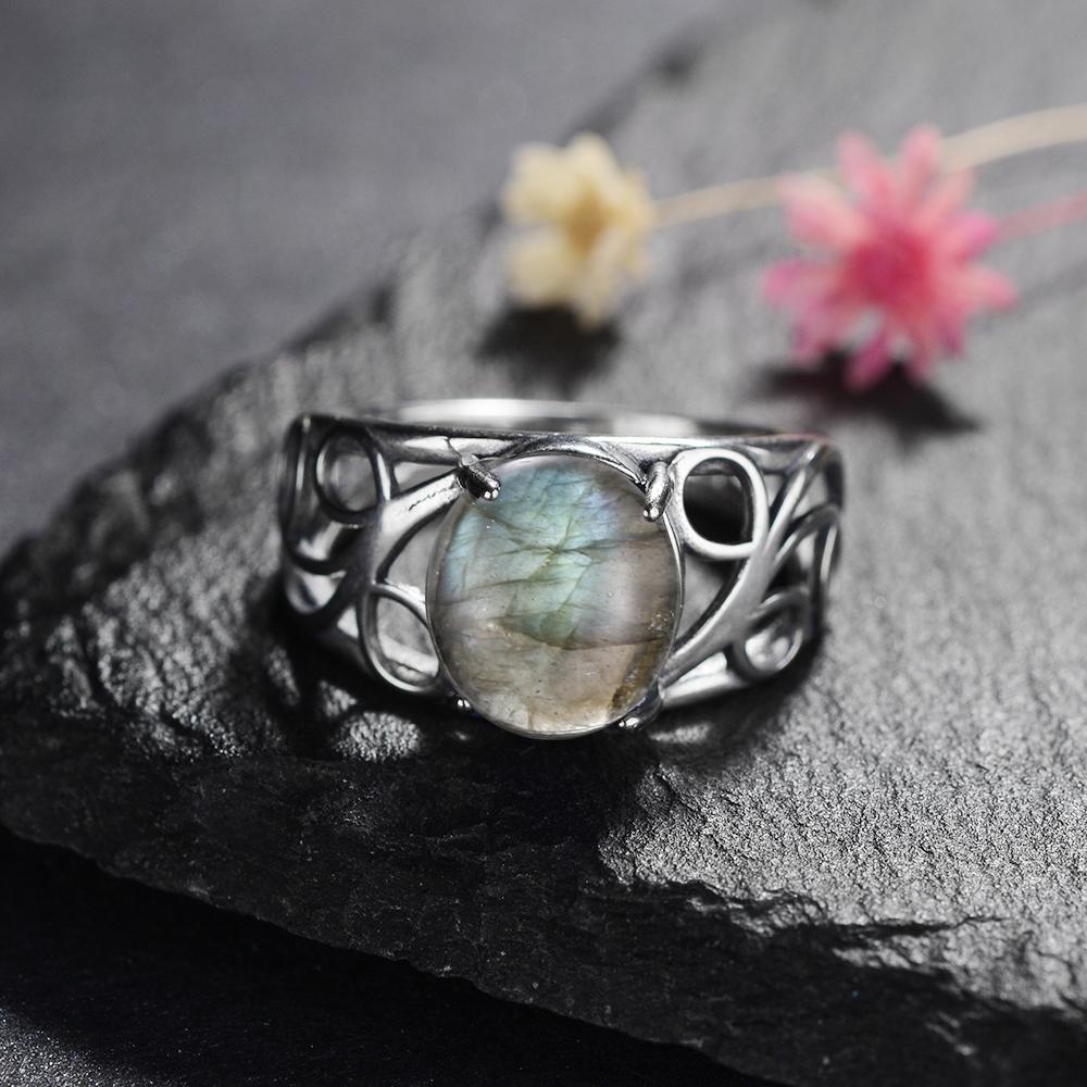 CopperRing for Women Oval Round Natural Labradorite Ring Gift Sun Shaped Retro Luxury Fine Jewelry