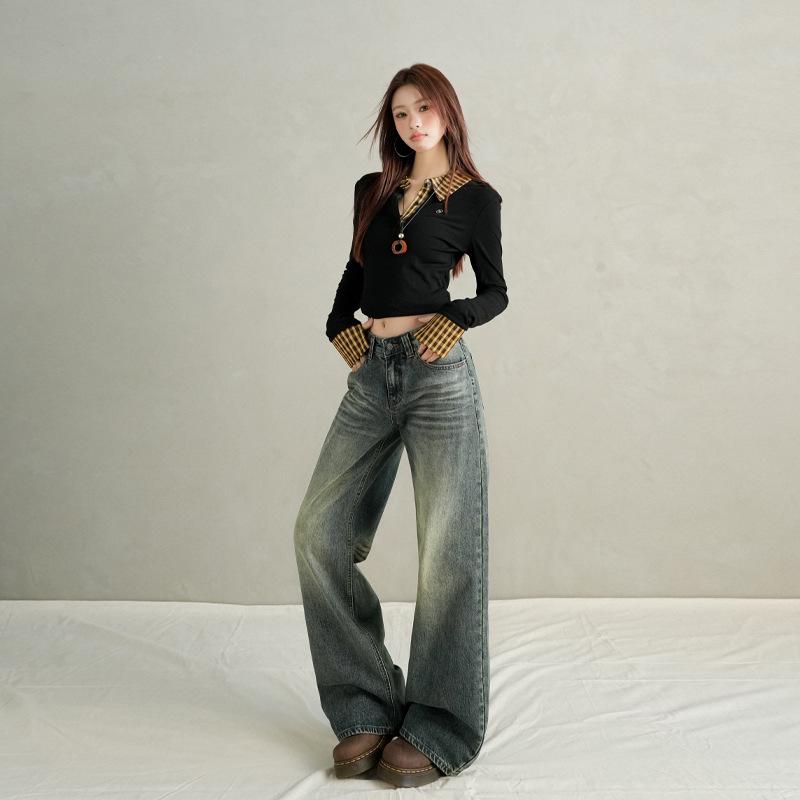 2025 Herbst/Winter Damen Elegante Hüftjeans Amerikanische Weite Gerades Bein Bodenlang Weites Bein