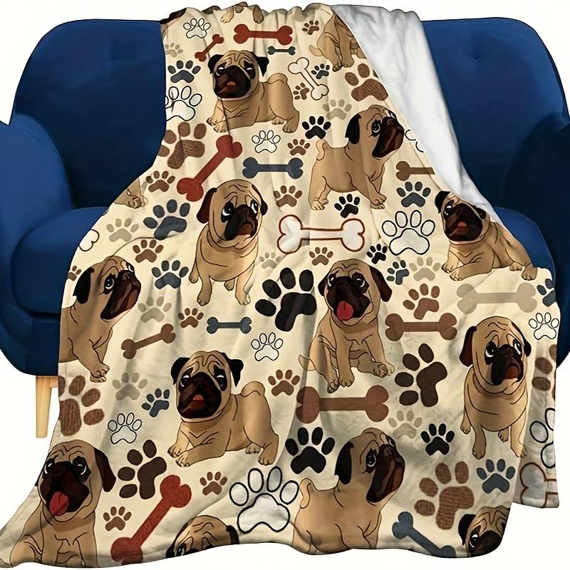 Ultra-weiche Mops & Hundepfotenabdruck Flanell-Kuscheldecke - Perfekt für Sofa, Bett, Büro und Reisen - Ideales Geschenk für Tierliebhaber