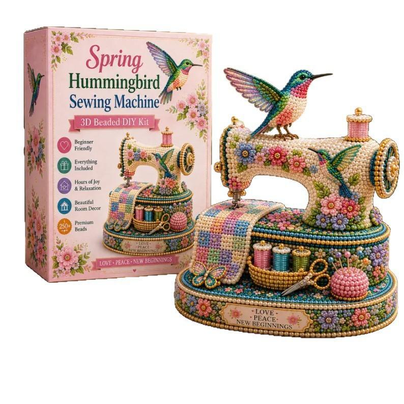 Spring Hummingbird Sewing Machine DIY Bead Kit for Beginners Complete Craft Set with Sewing Accessories and Decorative Elements for Room Display