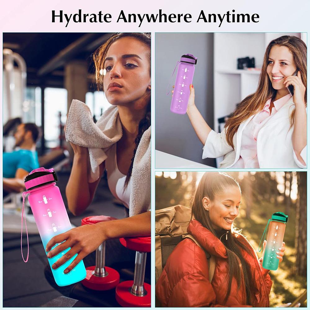 1L Sports Water Bottle With Straw Time Marker Gradient Color Motivational Bottle Leakproof Outdoor Student Drinking Water Cup
