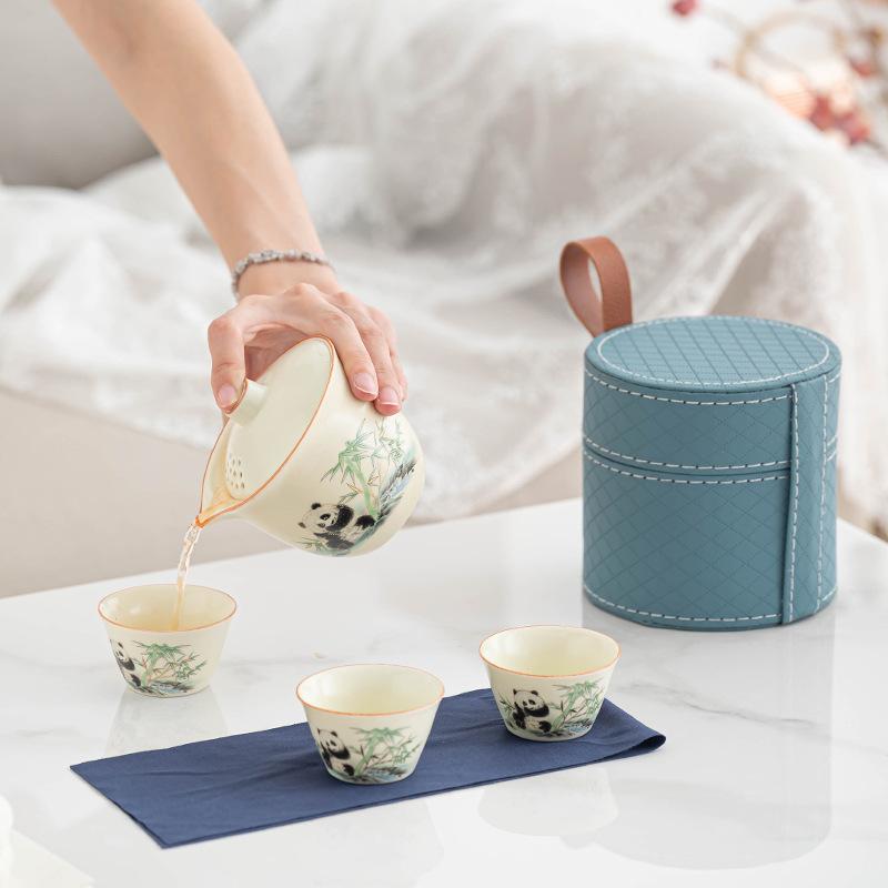 Ru Kiln Panda Tea Set New Chinese Retro Portable Tea Set One Pot Three Cups Hand Grab Pot Kung Fu Tea Set Gift