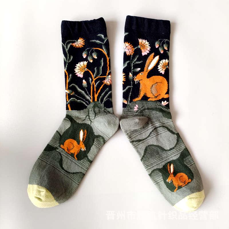 

Модные французские носки с масляной живописью: Красочные, средней высоты, нишевые женские модные носки до щиколотки One Size