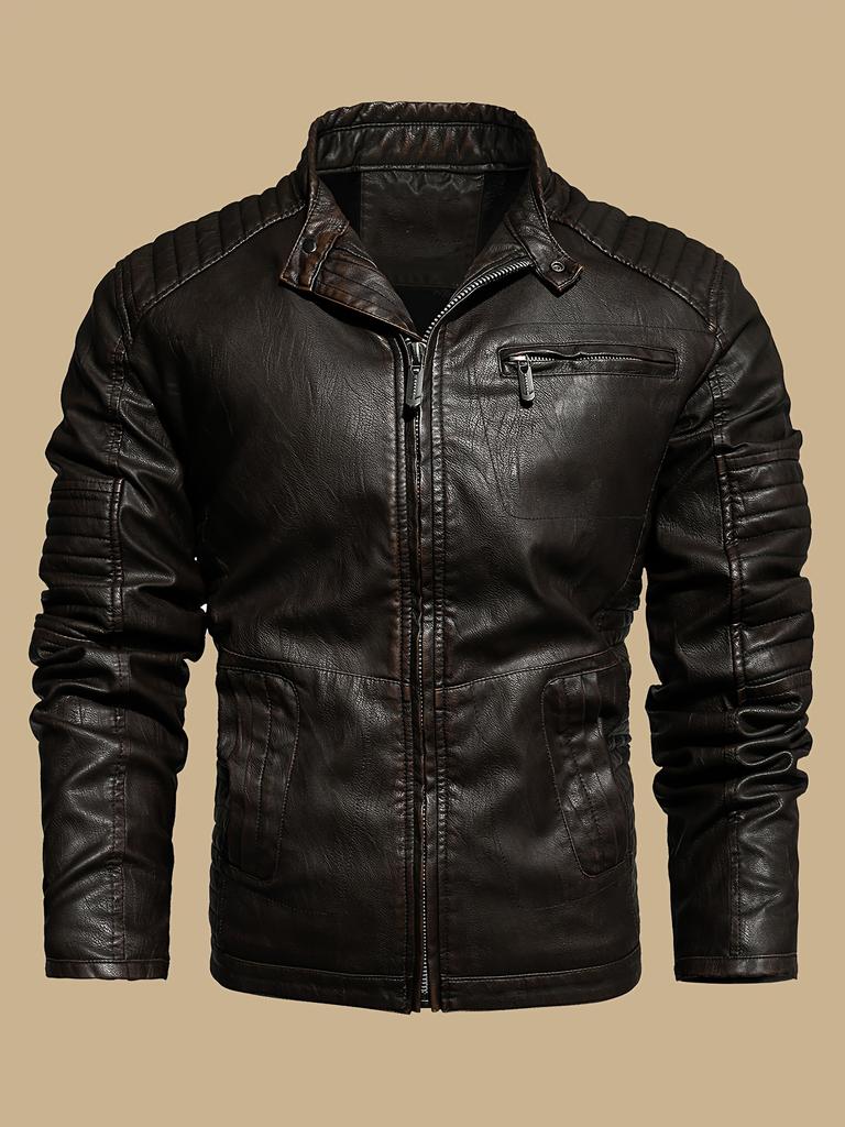 Vintage-Inspired Men's Faux Leather Jacket - Windproof, Warm Fleece Lined, Multi-Pocket Design for Motorcycle Riding & Casual Wear