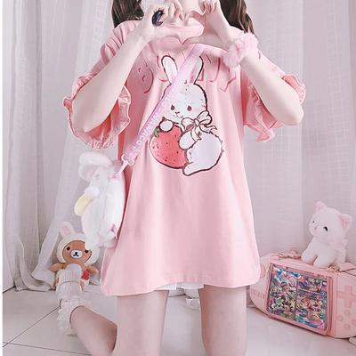 T-shirts Roses Mignons Lolita pour Femmes d'Été Impression de Lapin Fraise Dessinée Manches Courtes Volants Hauts JK Filles Kawaii Tee Top