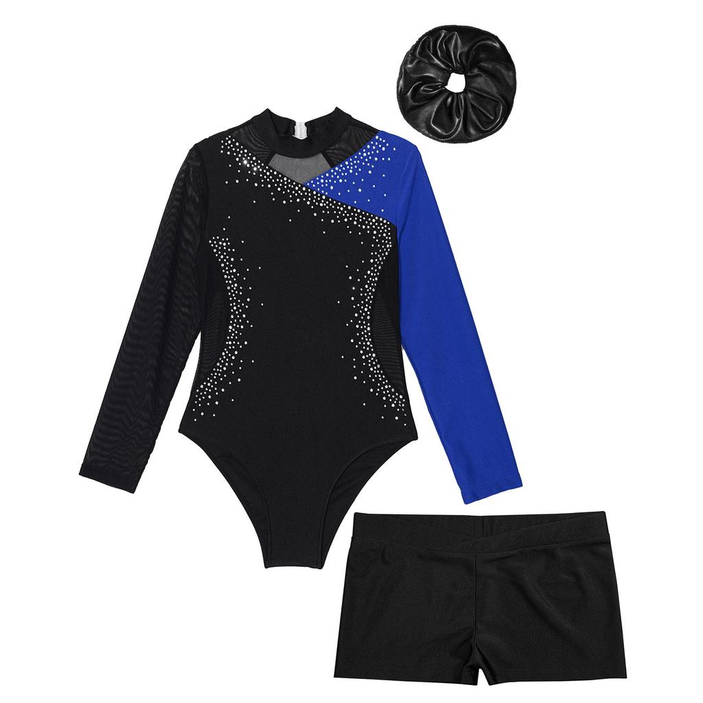 Kids Girls Gymnastic Performance Outfit Shiny Rhinestone Color Block Patchwork Long Sleeve Leotard with Shorts Hair Band