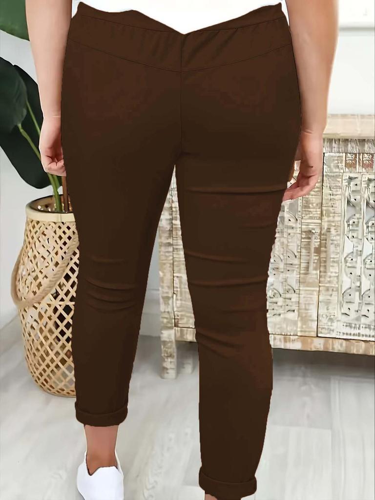 2025 Women's Solid Color Tie-Waist Cuffed Long Pants - Versatile European & American Style