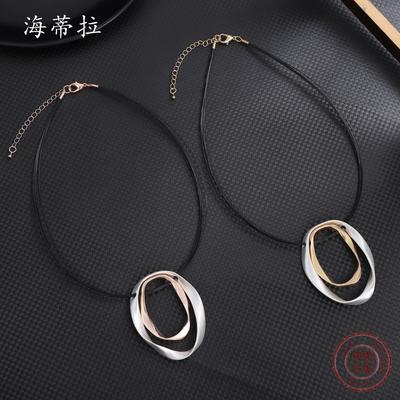 Irregular Hollow Oval Alloy Pendant, Women's High Sense Geometric Oval Steel Wire Necklace