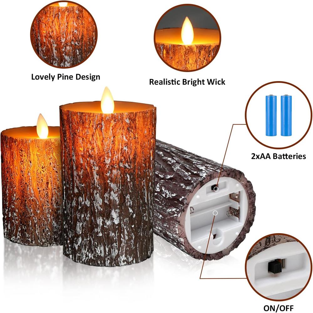 LED Candle Decor Light Flameless Real Wax Battery Operated Electronic Candles With Remote Control Flickering Pillar Bark Candle