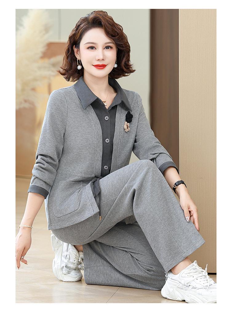 Hengyuanxiang Women's Two-Piece Spring & Autumn Fashion Set 2025 - Stylish Top for Middle-Aged and Elderly