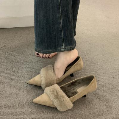 Evening Velvet Pointed Thin Heel Fluffy Shoes Cotton Shoes Autumn and Winter High Heel Warm Shoes