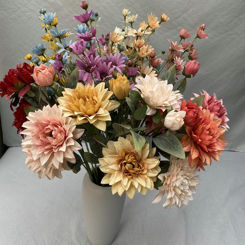 Artificial 3 Head Dahlia Chrysanthemum Bouquet For Wedding Floral Home Decor