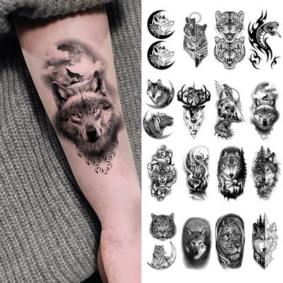 10 stuks Waterdichte Tijdelijke Tatoeage Sticker Donkere Wolf Leeuw Tijger Adelaar Slang Hert Schedel Schorpioen Body Art Arm Tatoeage Vrouwen Mannen