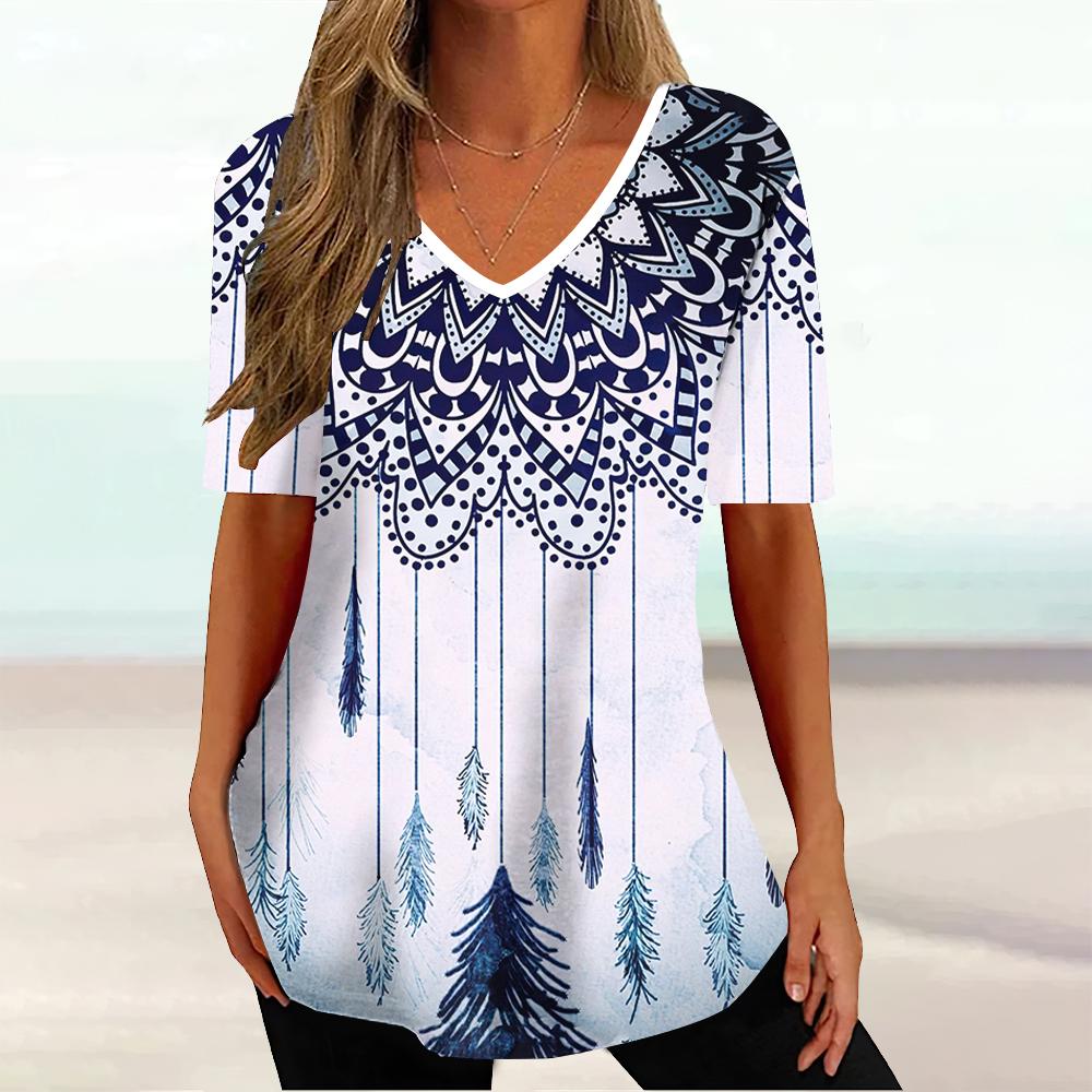 Harajuku Wind Ladies V-neck T-shirt Summer Outdoor Casual Short Sleeve Tops Retro Street Flower Print OverSize Women's Clothing