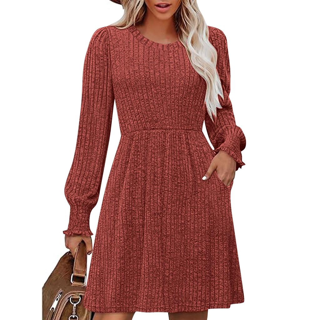 Women's Fashionable Loose-Fit Long-Sleeved Round-Neck Patchwork Solid-Colour Dress