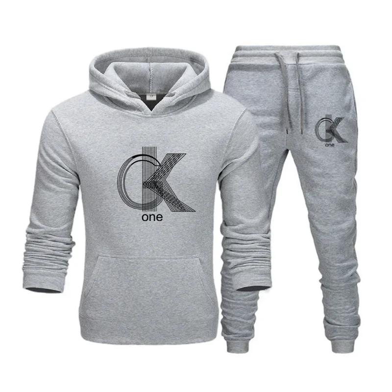 Linegeo Men Hoodie & Jogger Set, Refined Striped Interlocked Letter Art Print, Thick Fleece Sport Two Piece Set for Street Leisure