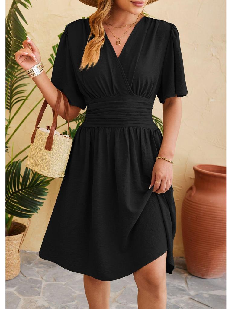 2024 Spring/Summer Women's V-Neck Waist-Cinching Flared Sleeve Dress