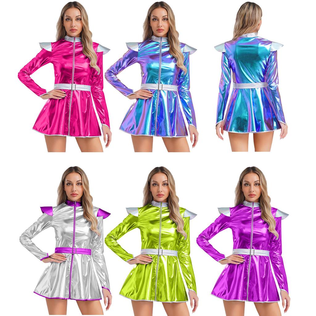 Women Alien Robot Halloween Costume Metallic Shiny A-Line Dress Long Sleeve Front Zip with Belt