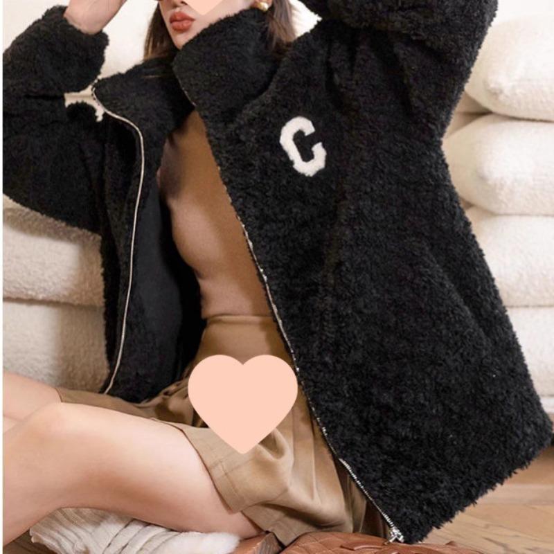 Light coral fleece jacket women's autumn and winter thickened thermal sweater women's outer wear women's embroidered double-sided fleece trendy black