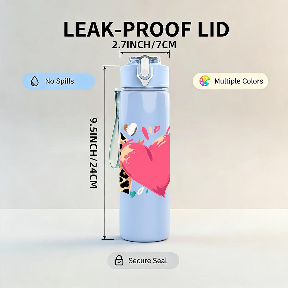 1PC Multi Texture Patch Heart Combo 750ml Color Plastic Sports Water Bottle Leakproof Flip Straw Lid Suitable for Sports Office Home Use