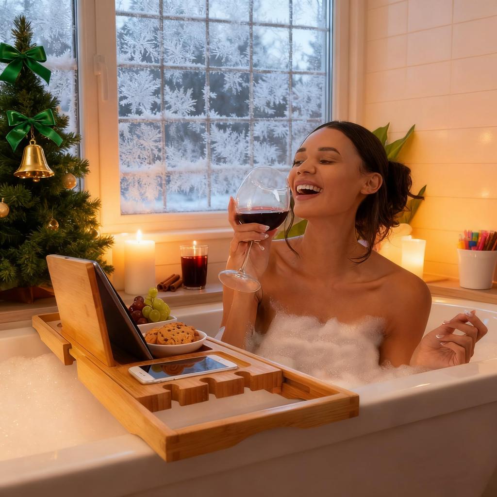 Utoplike Bamboo Bath Tray, Adjustable Bath Tray, Expandable Bath Rack, Portable Wine Holder