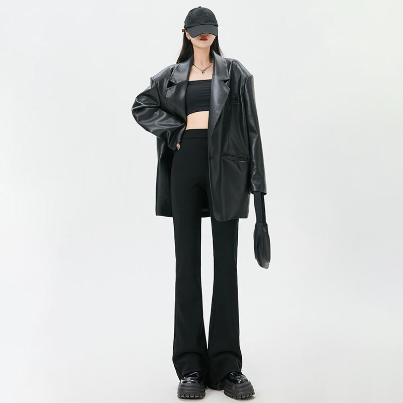Black Suit Flared Pants Women's Spring Autumn High Waist Slit Trousers Elastic Slimming Trousers Korean Fashion