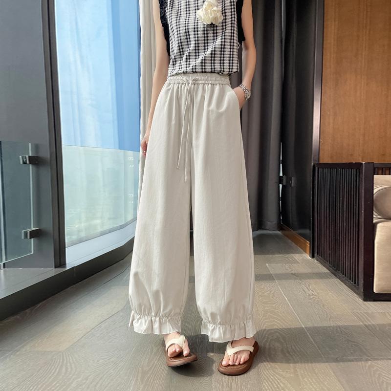 2026 Women's Pleated Ruffle Lace Hem Lantern Pants: Silk Cotton, Tapered Leg, Light and Casual for Spring/Summer