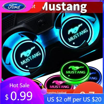 Car Sticker Hot For Ford New Car Colors Led Cup Holder Light Mats Car Coasters Light Cup Pads For Ford Mustang GT500 GT350 Cobra