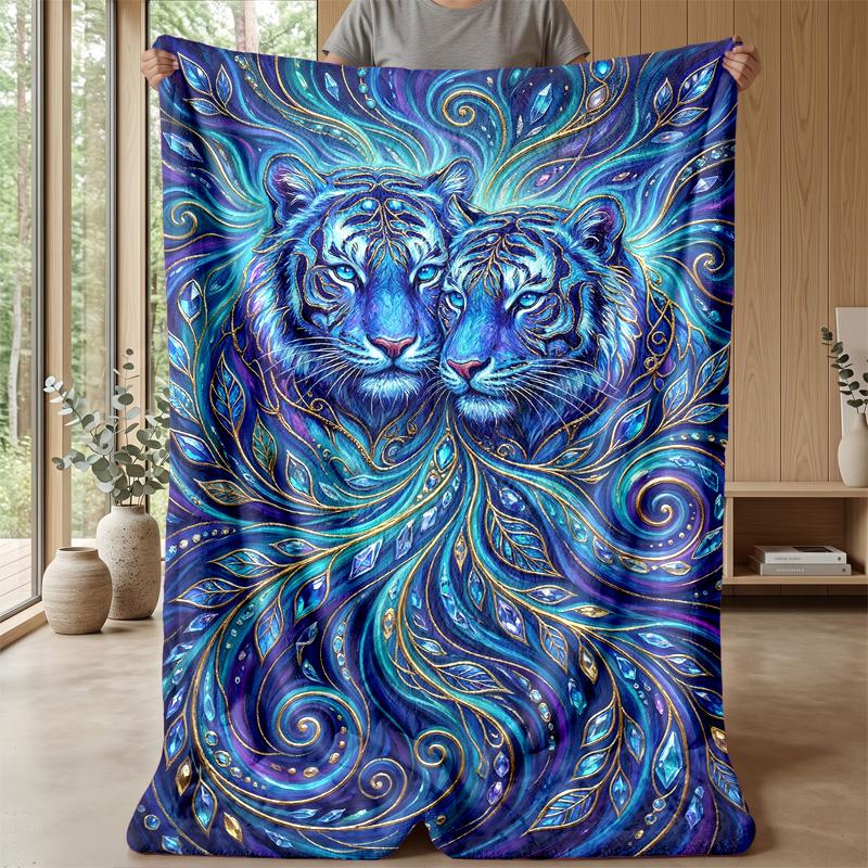 Blue Tiger Fantasy Blanket Personalized Name Flannel Blanket Soft Cozy Plush Throw for Sofa Bed Lightweight Home Decor