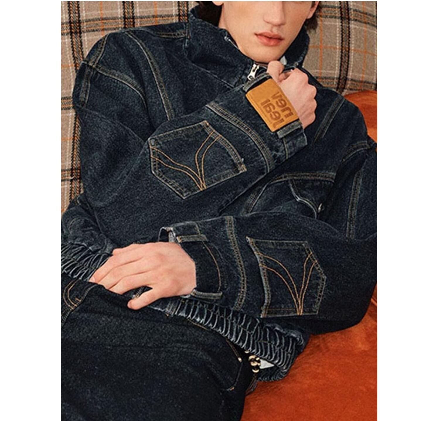 

Trendy brand deconstruction washed heavy industry upside down wear split loose denim jacket men s and women s American high street jacket 2XL
