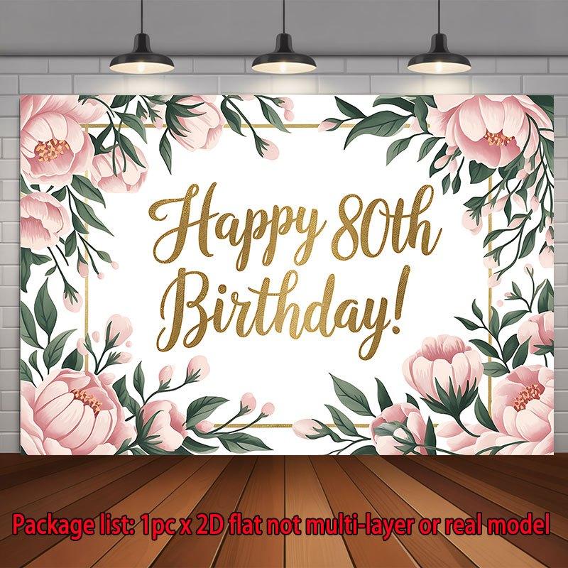 2D plane, pink flower border and gold-stamped text  Happy 80th Birthday , birthday party, polyester fiber 100x150cm