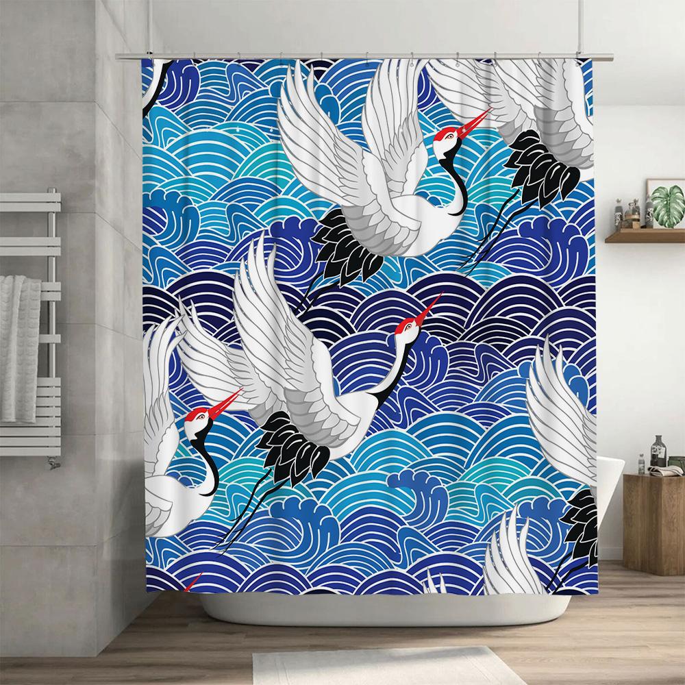 Blue Waves White Cranes Shower Curtain: Unique Home Decor for Bathrooms Printed Fabric Waterproof Hanging Decorations (Size XXL)
