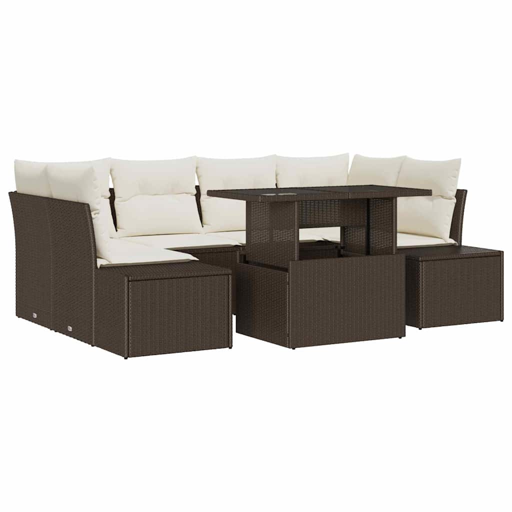 7 Piece Sofa Set with Cushions in Brown and Cream Poly Rattan