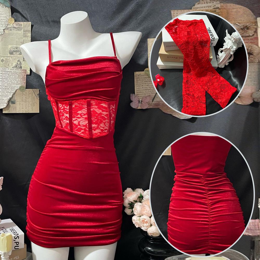 

Джин Сяо Красный бархат Рождественский сексуальный комплект нижнего белья пижамы для женщин One Size красный