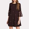 Fashion Women Sexy Wave Solid Point  Spliced Hollow Out Long Sleeve Dress