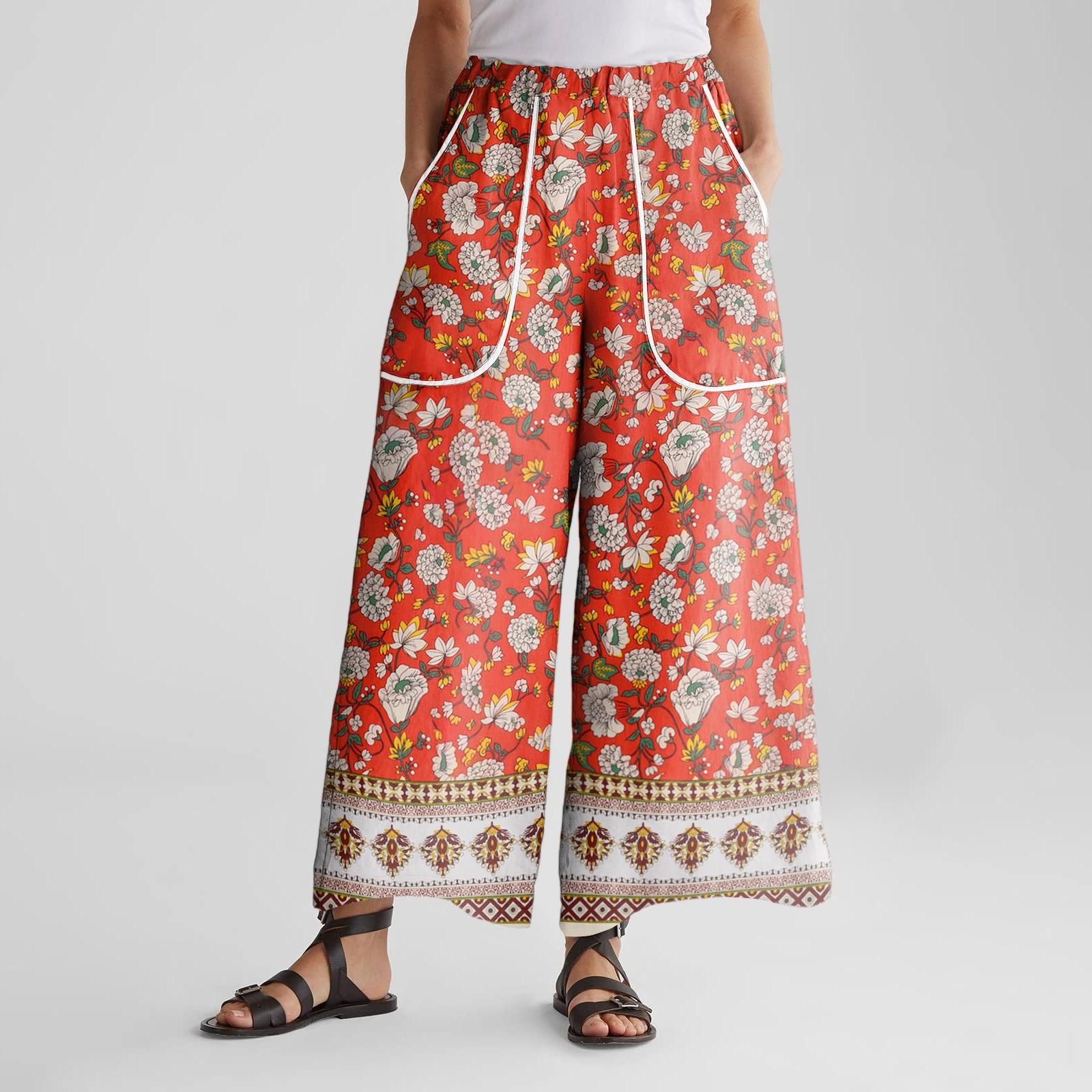 

Женские брюки широкие от бедра с эластичным поясом, с принтом, с большими карманами, с отделкой пэчворк по краю, свободные M шафрановый