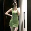 Mesh Stitching High-end Streamer Green Polka Dot Dress for Women's Summer Sexy Babes Waist and Thin Hip Skirt