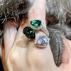 Romantic  Stamp Sterling Silver Wedding Rings Luxury Vintage Euro Style Engagement Open Ring with Bright Green Stone