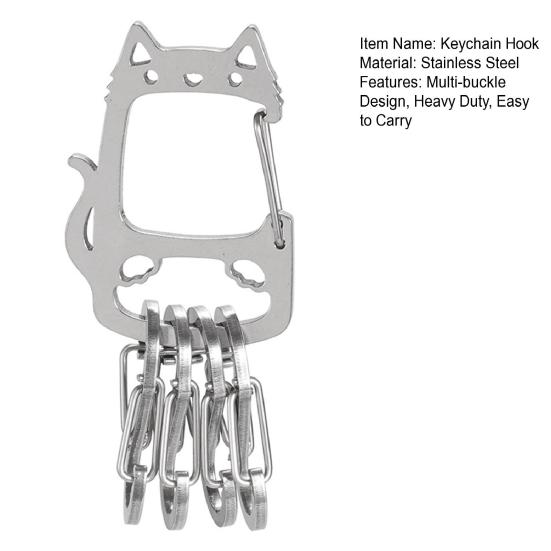 Stainless Steel Lucky Cat Keychain with Detachable S-shape Hooks Heavy Duty Outdoor Camping Portable Car Key Holder Metal Hanging Buckle Carabiner