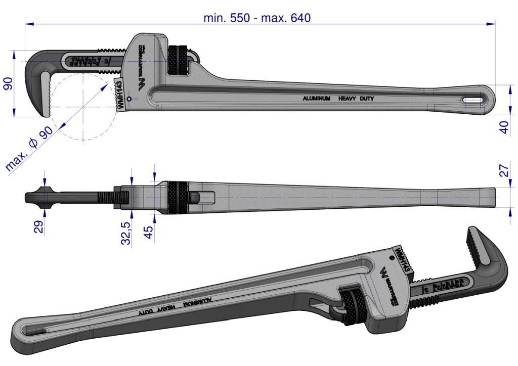 American Type Pipe Wrench 24" Aluminum Handle Reinforced CrMo Jaws Max Diameter Waryński