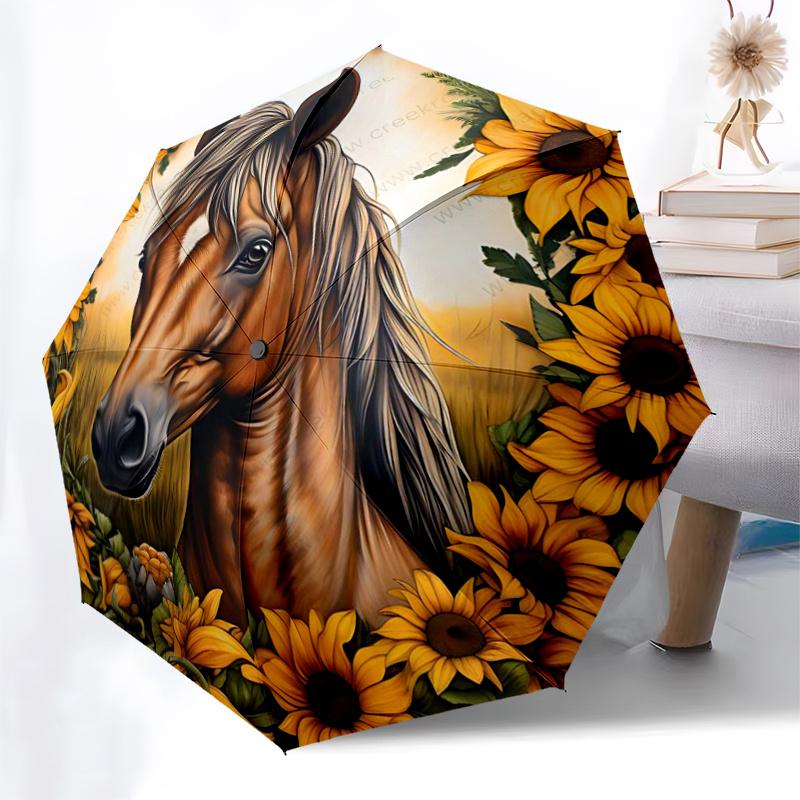 Sunflower Horse Art Print - Automatic Opening Umbrella with Foldable Design, Iron Frame, Outdoor, Festival Gift for Fans, Travelers, Daily U