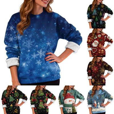 Damen Casual Mode Rundhals Plus Samt Verdicktes Weihnachtsdruck Sweatshirt