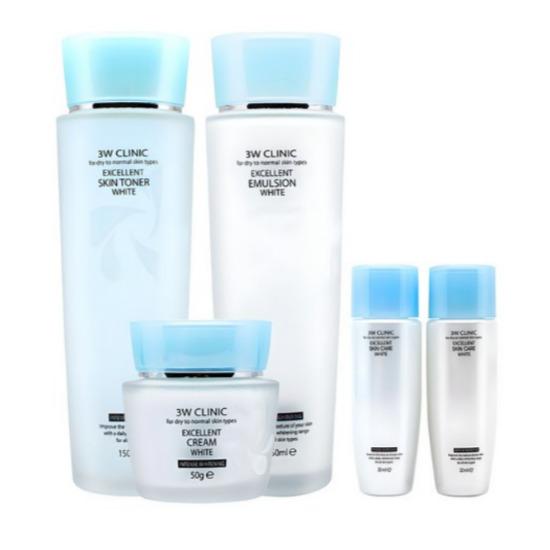 A0219 3W Clinic Excellent White Skincare 5-Piece Set (Toner 150 mL + Emulsion 150 mL + Cream 50 mL + Toner 30 mL + Emulsion 30 mL)