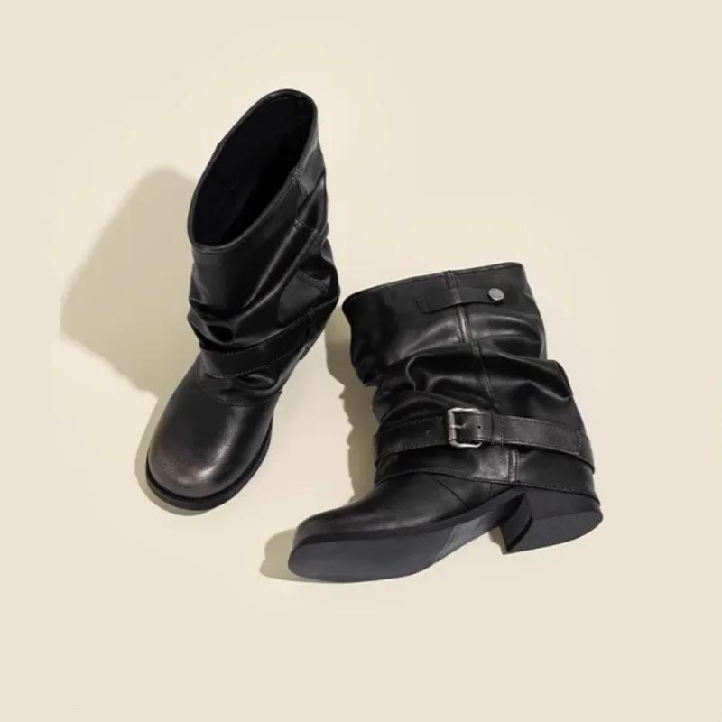 Άνετες Διπλωμένες Καλοκαιρινές Κοντές Μπότες Γυναικείες Μποτάκια Φαρδύ Στέλεχος Μοντέρνο Υλικό Πολυουρεθάνης Τετράγωνο Δάκτυλο Εξωτερική Σόλα Καουτσούκ