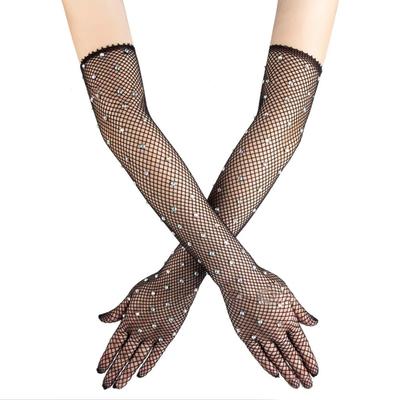 Sexy Mesh Fishing Net Gloves For Women, Thin Hollow Sparkling Drilling Design, Ballroom Pole Dance Halloween Role-Playing Accessories