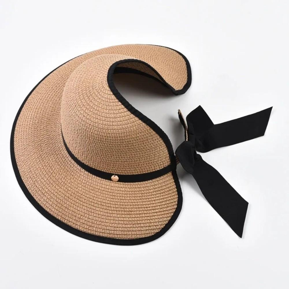 Large Brim Summer Straw Hat Bowknot Design Wide Brim Hat Elegant Empty Top Sun Hat for Women
