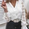 Camisa de Manga Comprida com Recortes Top Feminino de Botão Único Blusa com Patchwork de Renda para o Escritório